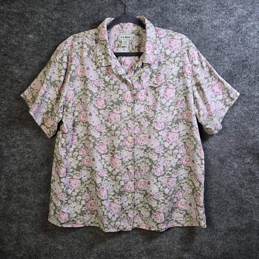 LL Bean Shirt Womens L Pink Gray Floral Garden Linen Button Up Relaxed